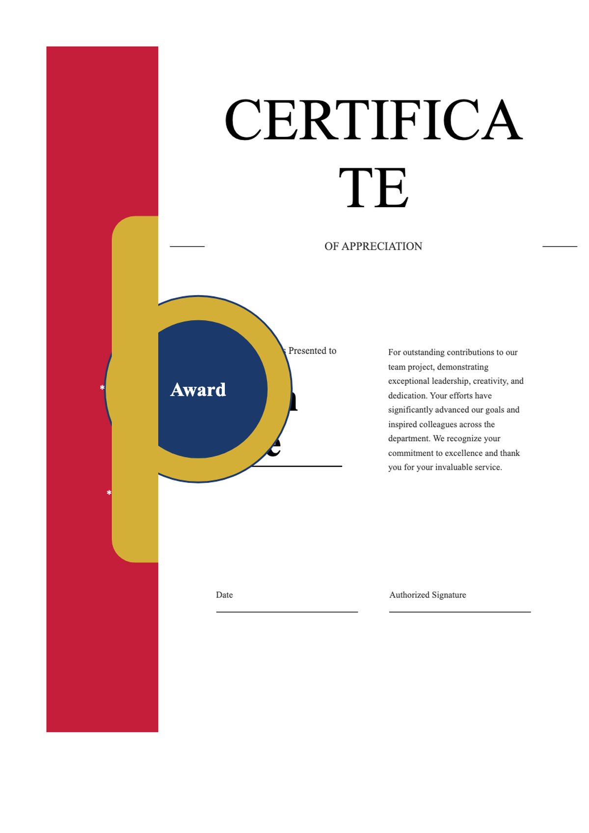 Elegant certificate of appreciation with red gold design and best award seal_variant_2